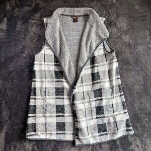 Multiples Black White Plaid Knit Sleeveless Vest Shawl Collar Pockets L‎